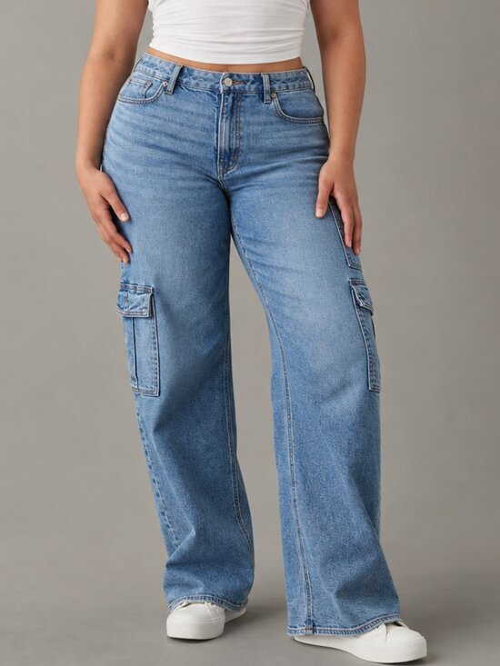 American Eagle Outfitters Denim - American Eagle Curvy Super High Waisted Baggy Wide Leg Cargo Denim Jeans